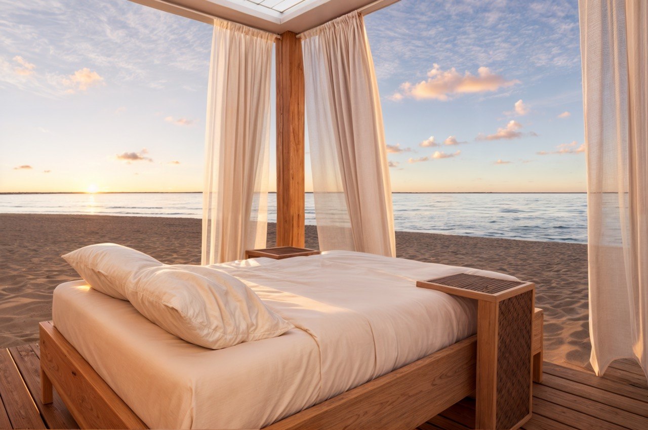 Luxury waterfront bedroom architectural visualization